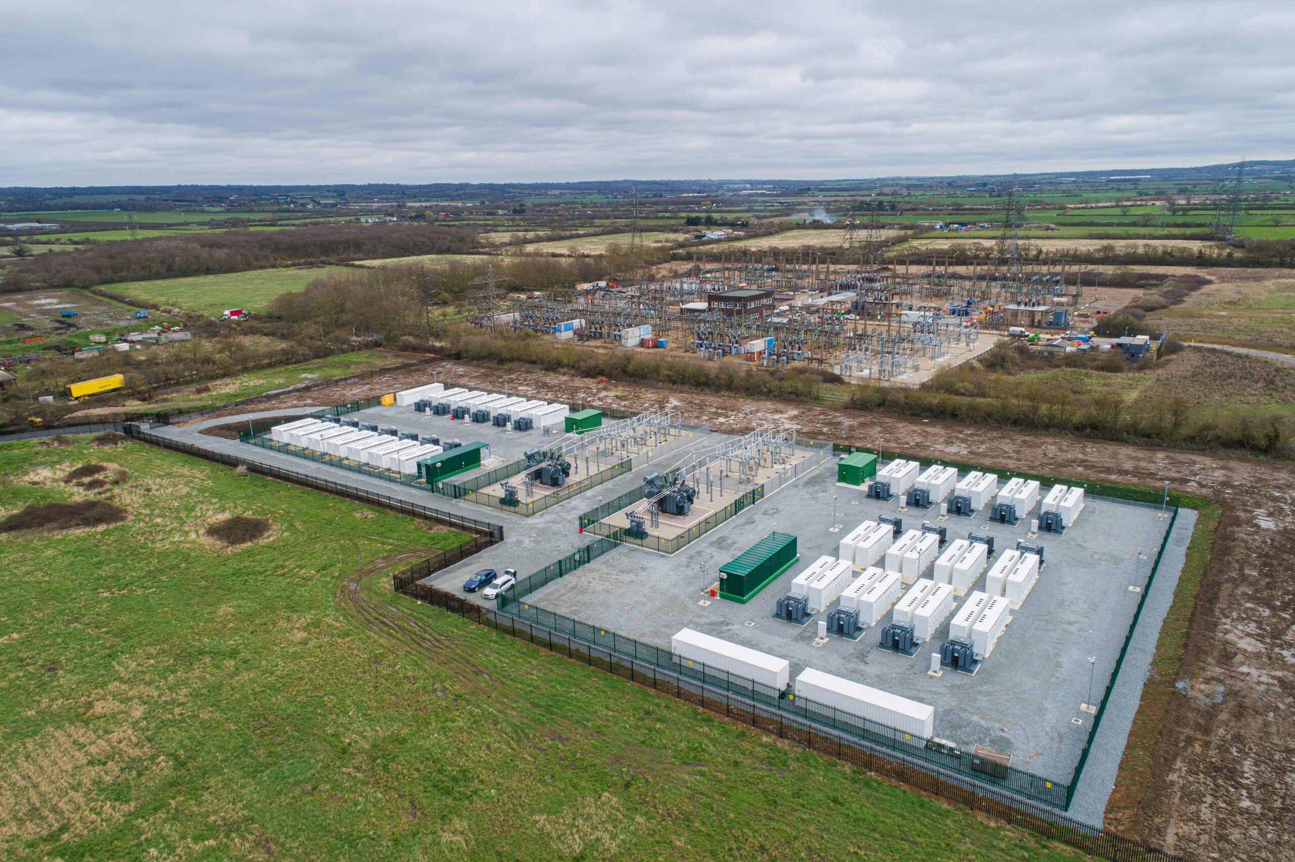 Aerial view of Clay Tye Battery Energy Storage Systems, Essex, UK.